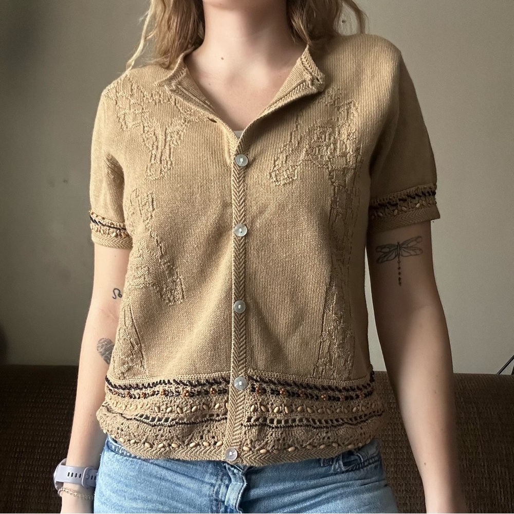 Vintage Alfred Dunner Giraffe Inspired Tan Sweater Beaded Retro Size P Small - Picture 6 of 9